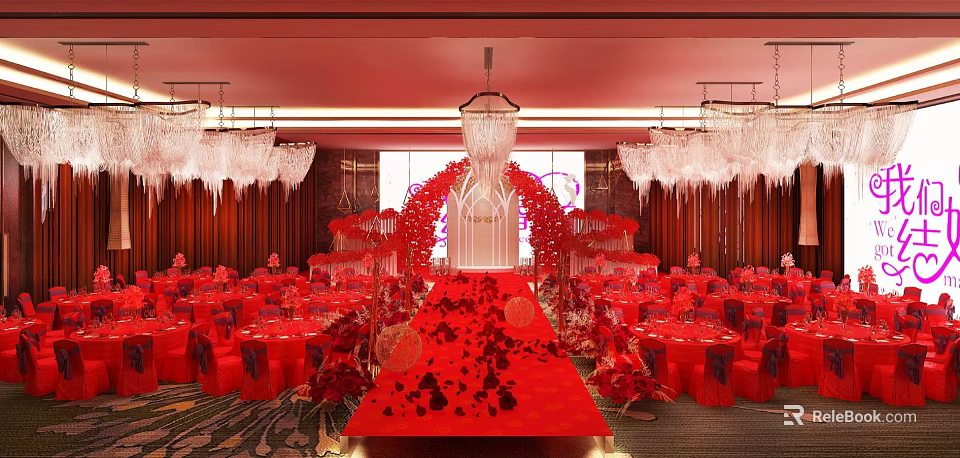 Elegant Red Theme Banquet Hall With Red Carpet Roses Chandeliers Tables And Stage Arch 3d model 