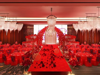Elegant Red Theme Banquet Hall With Red Carpet Roses Chandeliers Tables And Stage Arch 3d model
