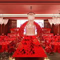 Elegant Red Theme Banquet Hall With Red Carpet Roses Chandeliers Tables And Stage Arch