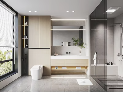 Modern Bathroom Interior With Vanity Mirror Glass Shower Toilet And Cabinets 3d model