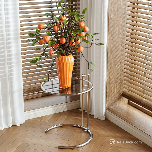 Bonsai Plant in Orange Vase with Orange Fruits and Green Leaves on Round Metal Table 3d model 