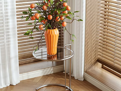 Bonsai Plant in Orange Vase with Orange Fruits and Green Leaves on Round Metal Table 3d model