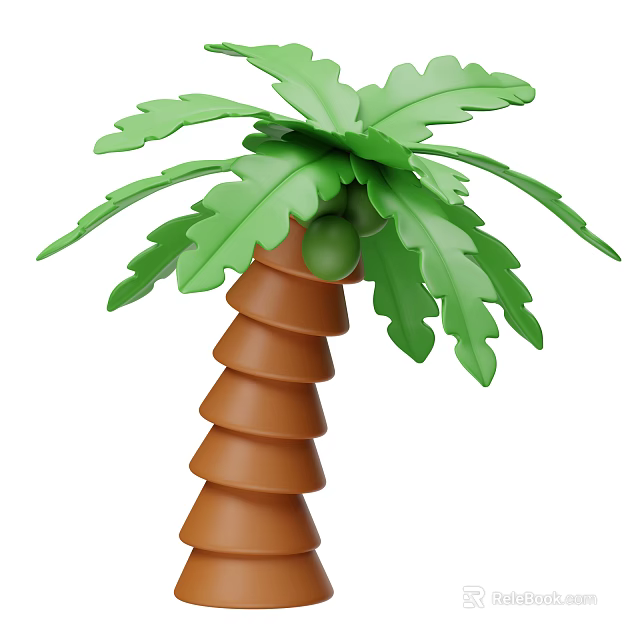 Cartoon Palm Tree With Green Leaves Brown Spiral Trunk And Top Fruits 3d model 