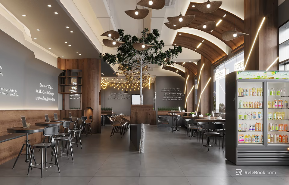 Modern Restaurant Interior Design With Wooden Decor Hanging Lights Green Plant And Dining Tables 3d model 