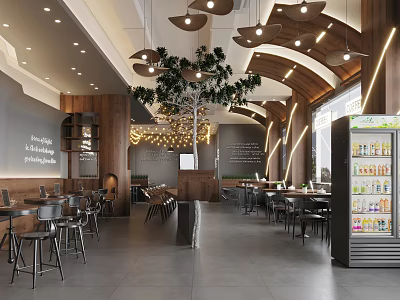 Modern Restaurant Interior Design With Wooden Decor Hanging Lights Green Plant And Dining Tables 3d model