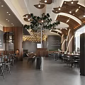 Modern Restaurant Interior Design With Wooden Decor Hanging Lights Green Plant And Dining Tables