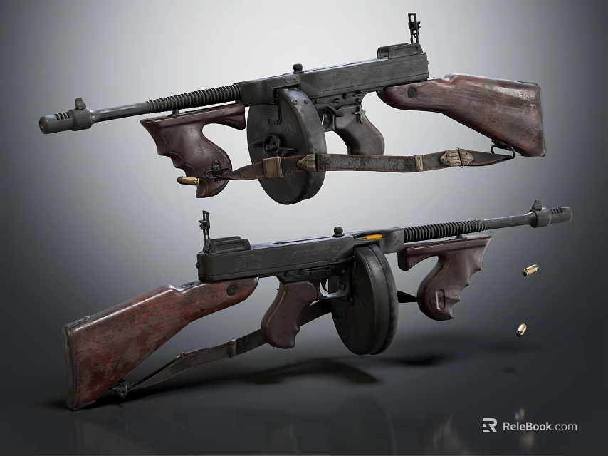 Vintage Submachine Guns With Wooden Stocks Black Metal Parts Drum Magazines And Scattered Bullets 3d model 