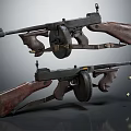 Vintage Submachine Guns With Wooden Stocks Black Metal Parts Drum Magazines And Scattered Bullets