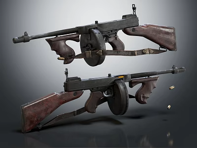 Vintage Submachine Guns With Wooden Stocks Black Metal Parts Drum Magazines And Scattered Bullets 3d model