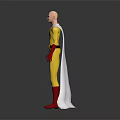 Bald Superhero Character In Yellow Costume With Red Gloves And White Cape