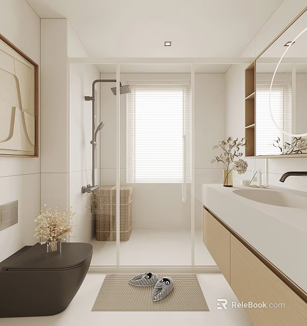 Modern Bathroom Interior Design With Glass Shower Partition Vanity Mirror And Window Blinds 3d model 