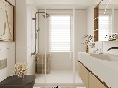 Modern Bathroom Interior Design With Glass Shower Partition Vanity Mirror And Window Blinds 3d model