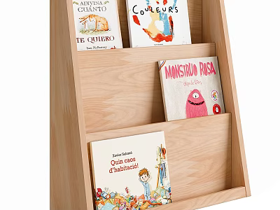Wooden Bookcase Shelves With Colorful Children Books And Storybooks 3d model
