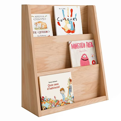 Wooden Bookcase Shelves With Colorful Children Books And Storybooks 3d model