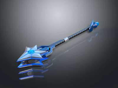 Blue Star Shaped Weapon With Long Metallic Handle And Decorative Details 3d model