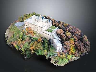 Detailed Building Model Design With Lush Trees Green Lawn And Courtyard Area 3d model