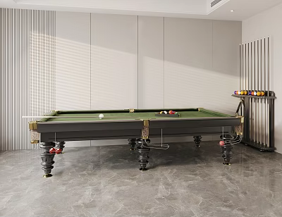 Indoor Sports Equipment Billiard Table With Green Felt Surface Black Frame And Cue Rack 3d model