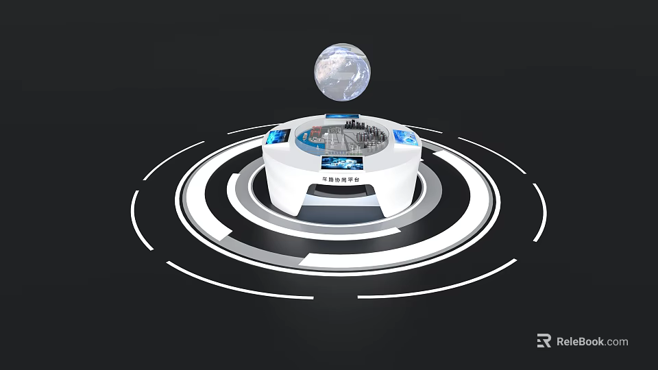 Futuristic Exhibition Island With Transparent Sphere On Black Background White Lines And Blue Screen Elements 3d model 