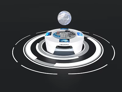 Futuristic Exhibition Island With Transparent Sphere On Black Background White Lines And Blue Screen Elements 3d model