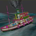 Vintage Steamship Sailing On Blue Sea With Smoking Chimney Flags And Lifebuoys