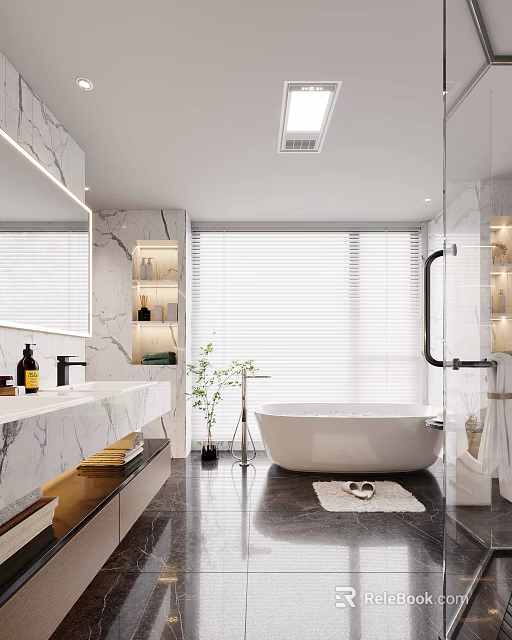 Modern Bathroom Interior With Marble Vanity Freestanding Bathtub Large Mirror And Window Blinds 3d model 