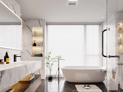 Modern Bathroom Interior With Marble Vanity Freestanding Bathtub Large Mirror And Window Blinds 3d model