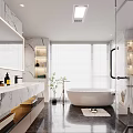 Modern Bathroom Interior With Marble Vanity Freestanding Bathtub Large Mirror And Window Blinds
