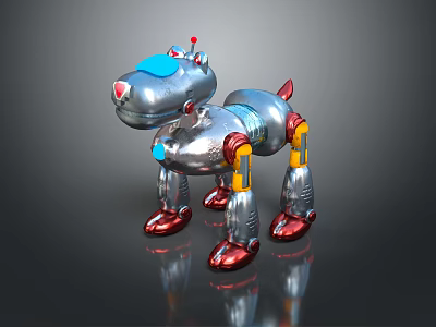Futuristic Silver Metallic Robot Dog 3D Model with Blue Red Details Yellow Joints 3d model