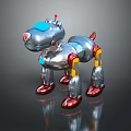 Futuristic Silver Metallic Robot Dog 3D Model with Blue Red Details Yellow Joints