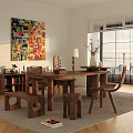 Modern Dining Room Featuring Wooden Table Chairs Stools Colorful Collage And Window Blinds