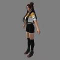 Young Woman With Long Brown Hair Wearing Striped Top Black Shorts And Brown Boots