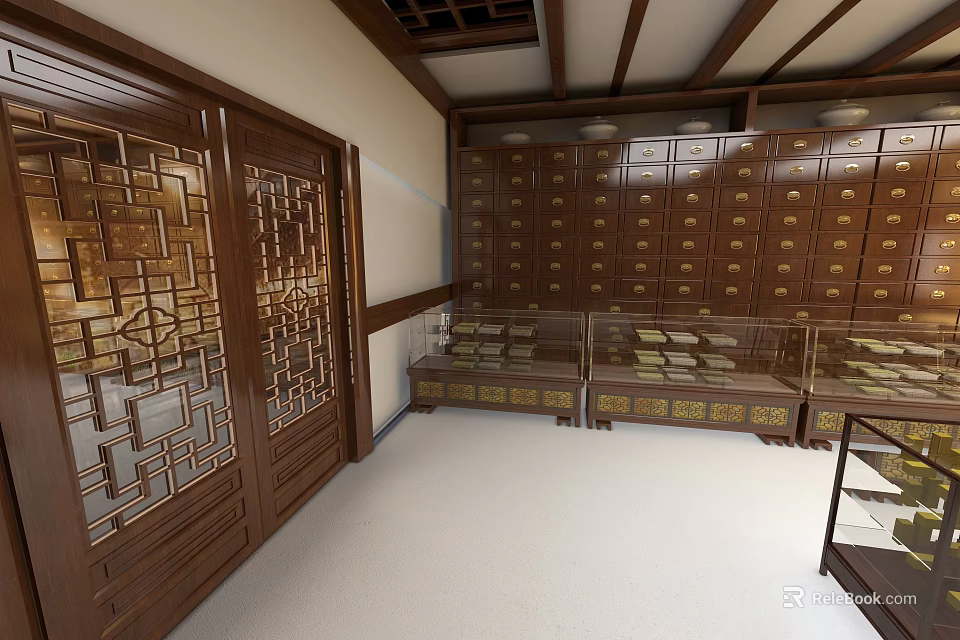 Traditional Chinese Medicine Pharmacy Interior With Wooden Cabinets Carved Doors And Display Counters 3d model 