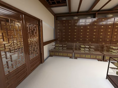 Traditional Chinese Medicine Pharmacy Interior With Wooden Cabinets Carved Doors And Display Counters 3d model