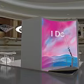I Do Exhibition Booth Featuring Modern Curved Structure Cloud Decorations Pink Background And Elegant Lighting 3d model