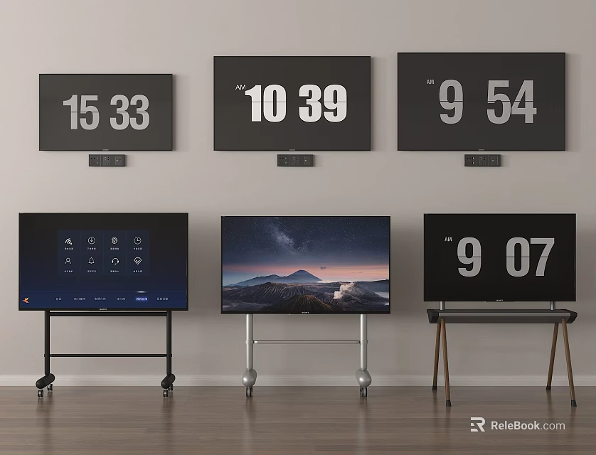 Televisions Wall Mounted And On Stands With Time Displays Interface And Landscape Screens 3d model 