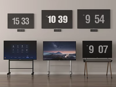 Televisions Wall Mounted And On Stands With Time Displays Interface And Landscape Screens 3d model