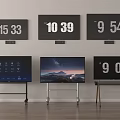 Televisions Wall Mounted And On Stands With Time Displays Interface And Landscape Screens