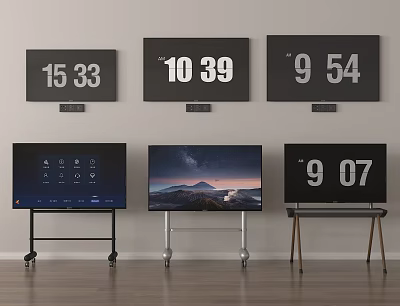 Televisions Wall Mounted And On Stands With Time Displays Interface And Landscape Screens 3d model