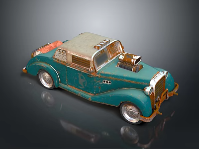 Vintage Teal Car Model Featuring Weathered Finish Exposed Engine And Silver Wheels 3d model