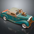 Vintage Teal Car Model Featuring Weathered Finish Exposed Engine And Silver Wheels