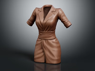 Brown Leather Dress With Lapel Collar Short Sleeves Belted Waist Fitted Style 3d model