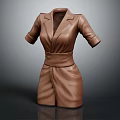 Brown Leather Dress With Lapel Collar Short Sleeves Belted Waist Fitted Style