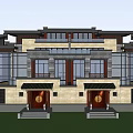 Chinese Style Modern Semi Detached Villa Exterior With Traditional Roof Wooden Doors And Lawn Front