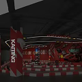 KATING Themed Indoor Space With Red White Striped Stairs And Racing Cartoon Racer