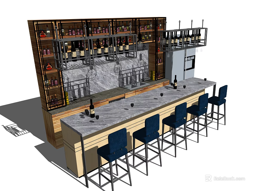 Modern Bar Counter Featuring Marble Top Wine Racks Blue Stools And Wine Bottles 3d model 