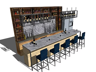 Modern Bar Counter Featuring Marble Top Wine Racks Blue Stools And Wine Bottles 3d model