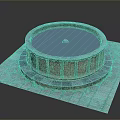 Outdoor Circular Stone Pool With Blue Water Central Stone And Stone Pavement