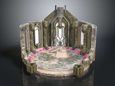 Ancient Stone Circular Platform Structure With Arched Windows And Pink Petals Decoration 3d model