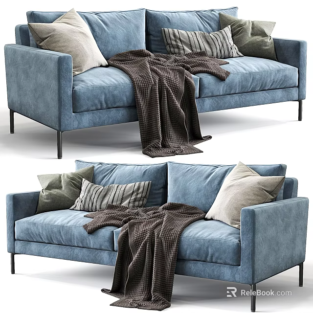 Modern Blue Double Sofa With Soft Pillows And Cozy Knit Throw Blanket 3d model 