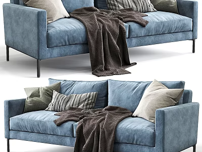 Modern Blue Double Sofa With Soft Pillows And Cozy Knit Throw Blanket 3d model